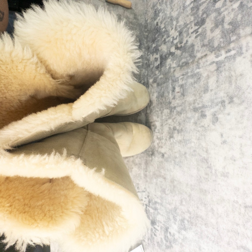UGG Womens Size 7 Bailey Button Triplet Boots Sand Sheepskin Suede 1873 Tall - Picture 9 of 12